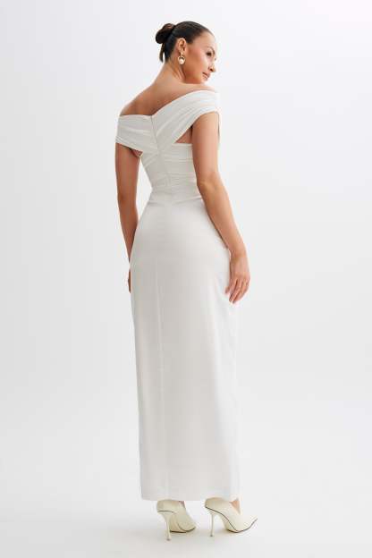 Harley Off Shoulder Satin Maxi Dress - Ivory-My Chic Way.All Rights Reserved