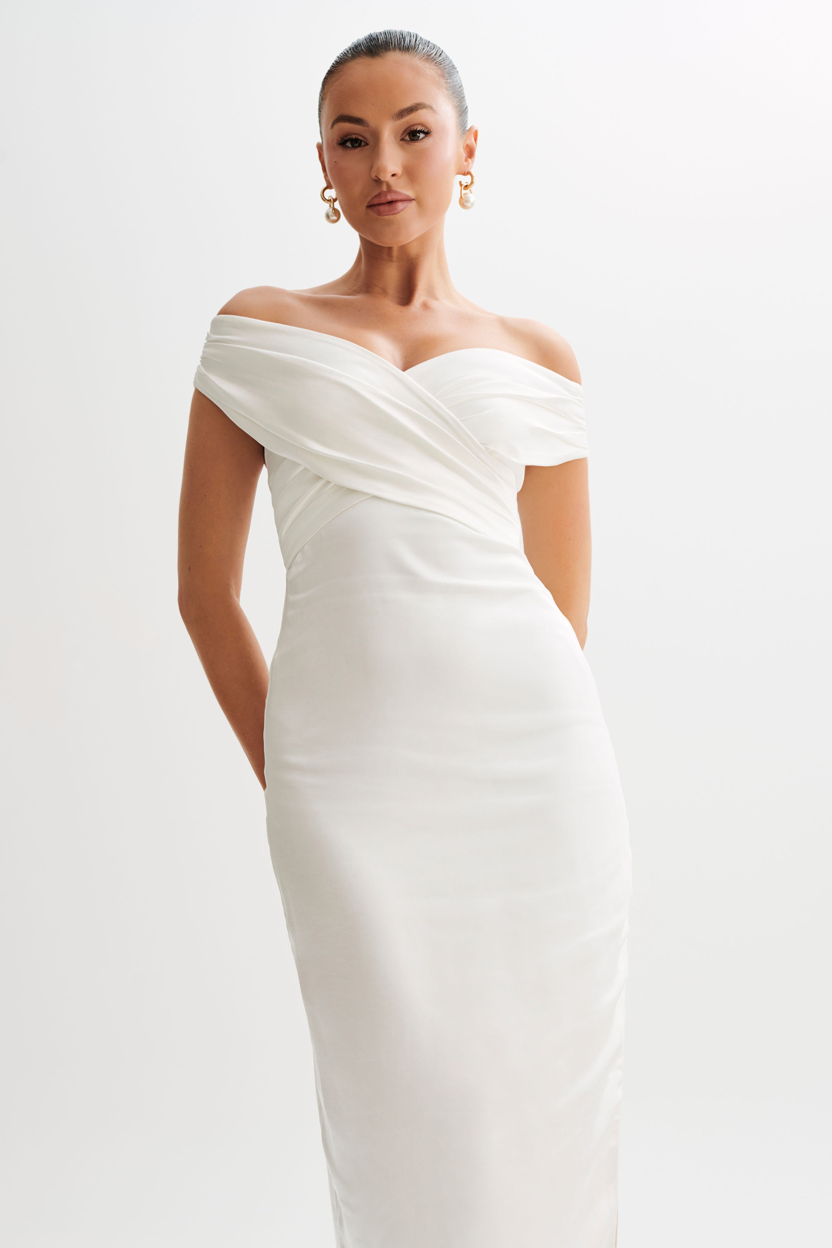Harley Off Shoulder Satin Maxi Dress - Ivory-My Chic Way.All Rights Reserved