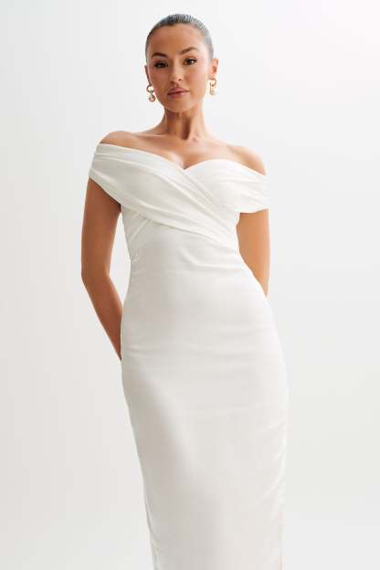 Harley Off Shoulder Satin Maxi Dress - Ivory-My Chic Way.All Rights Reserved
