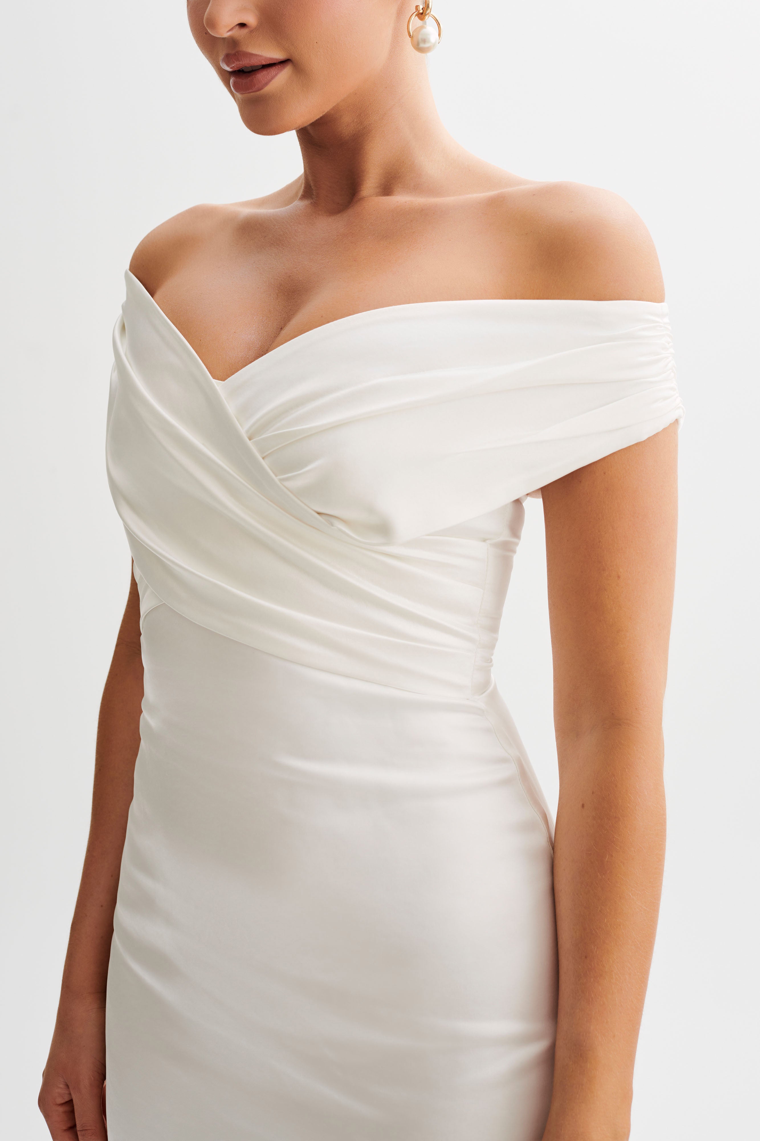 Harley Off Shoulder Satin Maxi Dress - Ivory-My Chic Way.All Rights Reserved