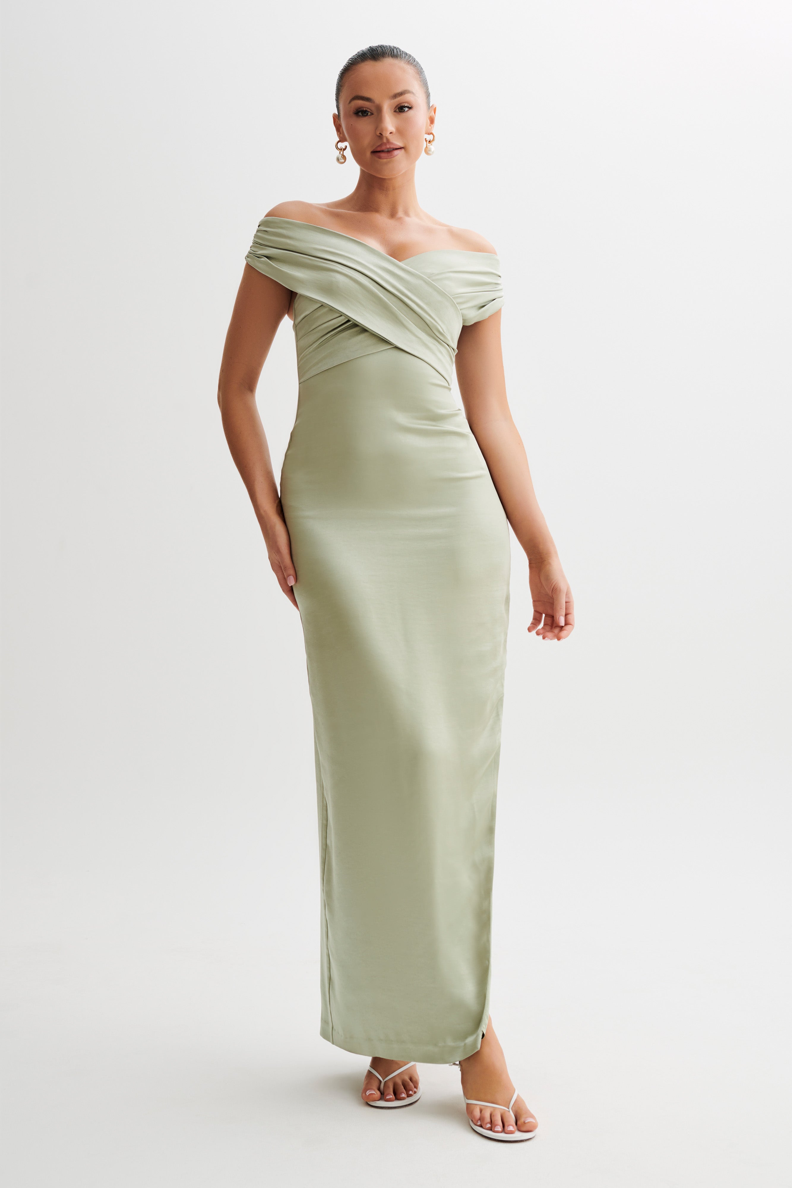 Harley Off Shoulder Satin Maxi Dress - Sage-My Chic Way.All Rights Reserved