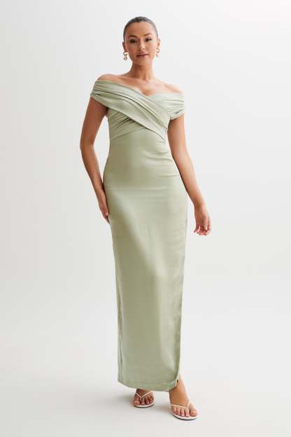 Harley Off Shoulder Satin Maxi Dress - Sage-My Chic Way.All Rights Reserved