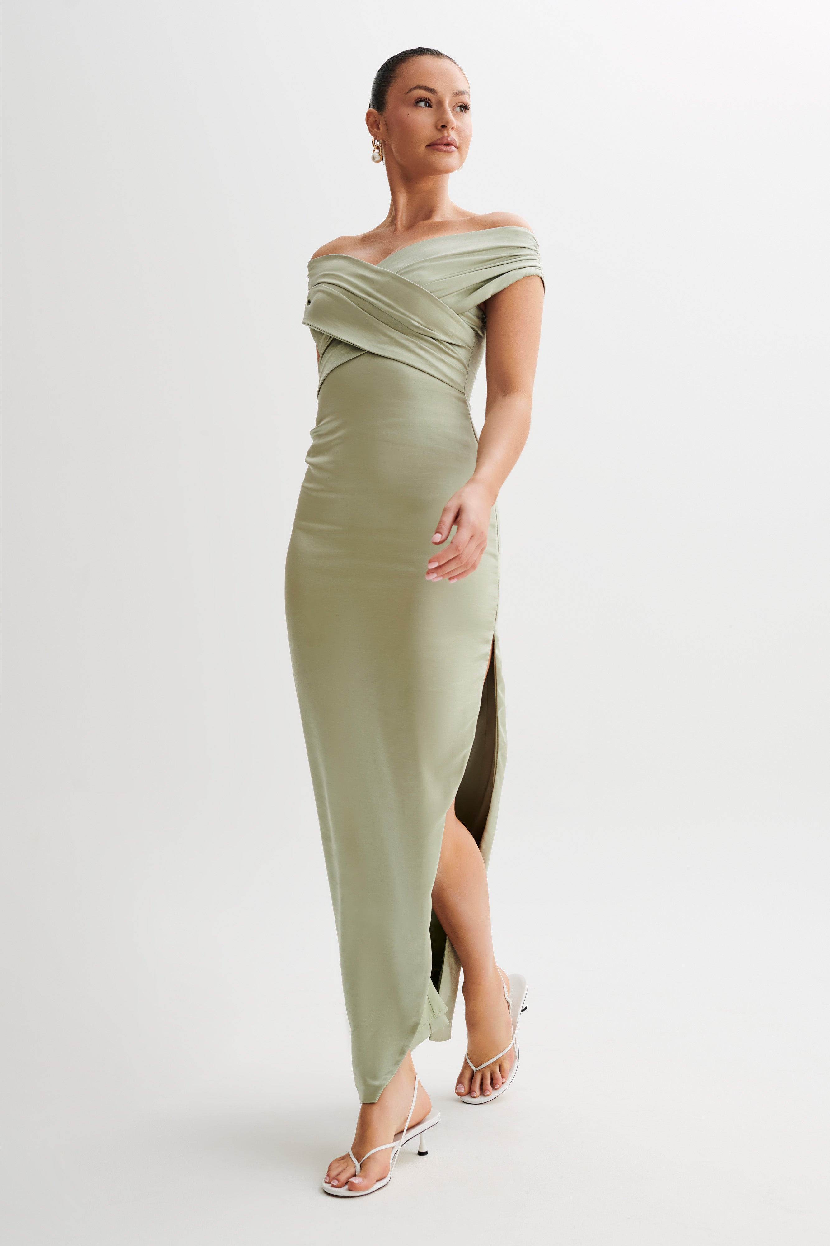 Harley Off Shoulder Satin Maxi Dress - Sage-My Chic Way.All Rights Reserved