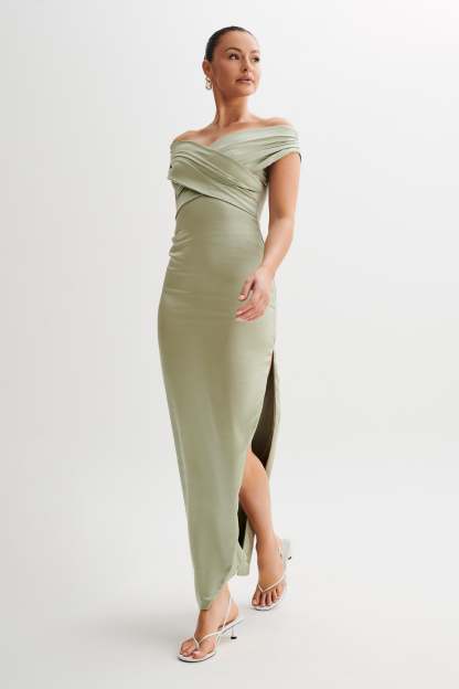 Harley Off Shoulder Satin Maxi Dress - Sage-My Chic Way.All Rights Reserved
