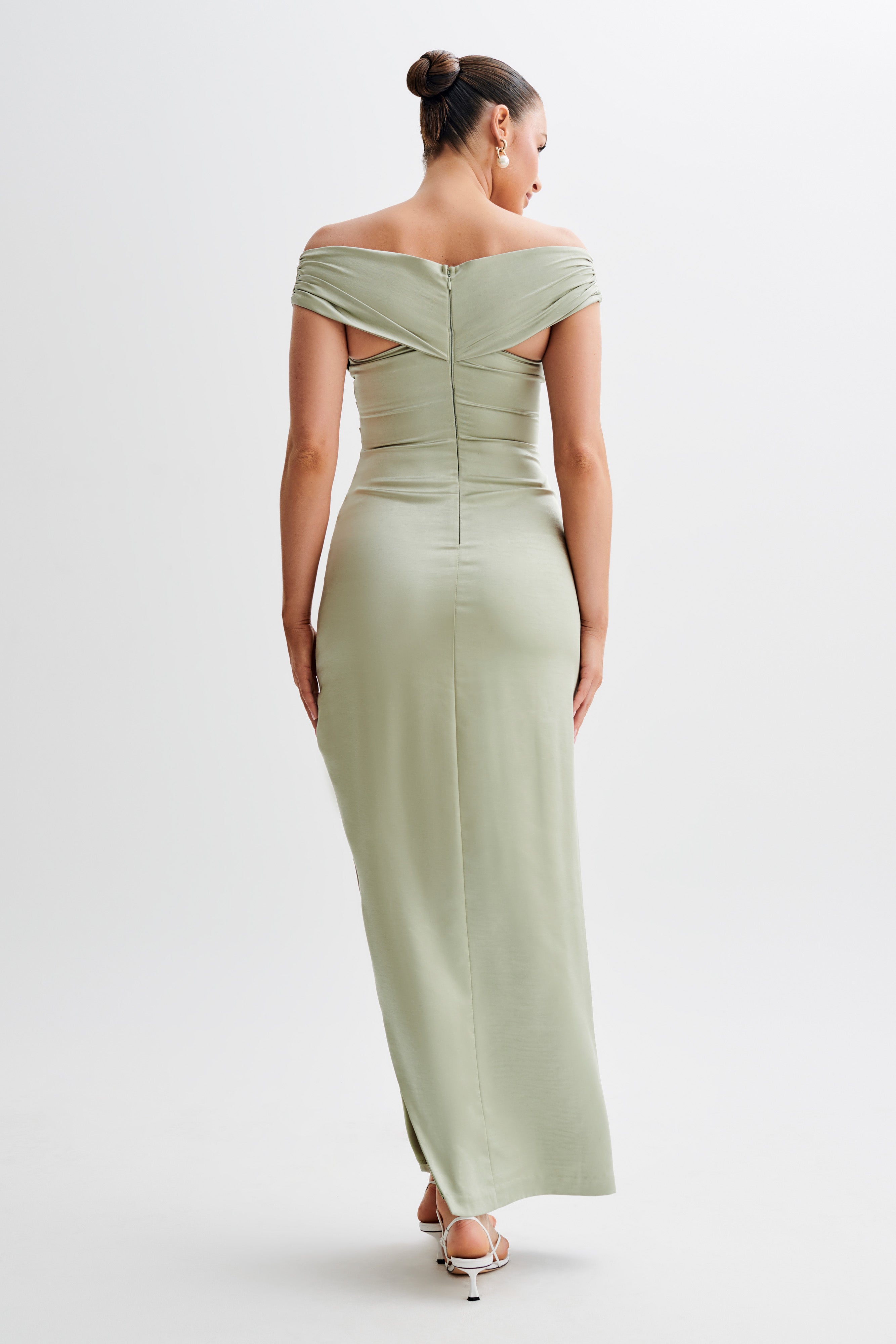 Harley Off Shoulder Satin Maxi Dress - Sage-My Chic Way.All Rights Reserved