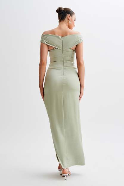 Harley Off Shoulder Satin Maxi Dress - Sage-My Chic Way.All Rights Reserved