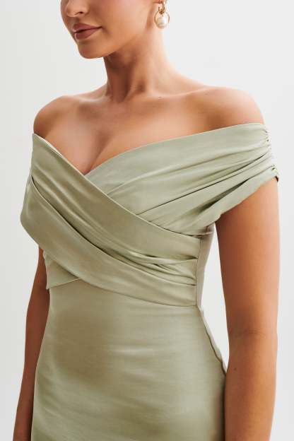Harley Off Shoulder Satin Maxi Dress - Sage-My Chic Way.All Rights Reserved