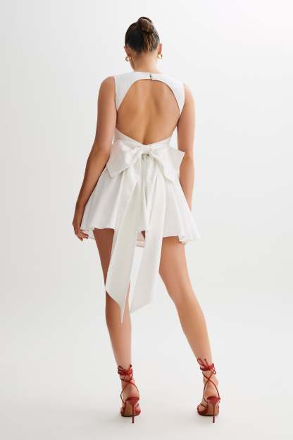 Marcella Linen Bow Back Mini Dress - White-My Chic Way.All Rights Reserved