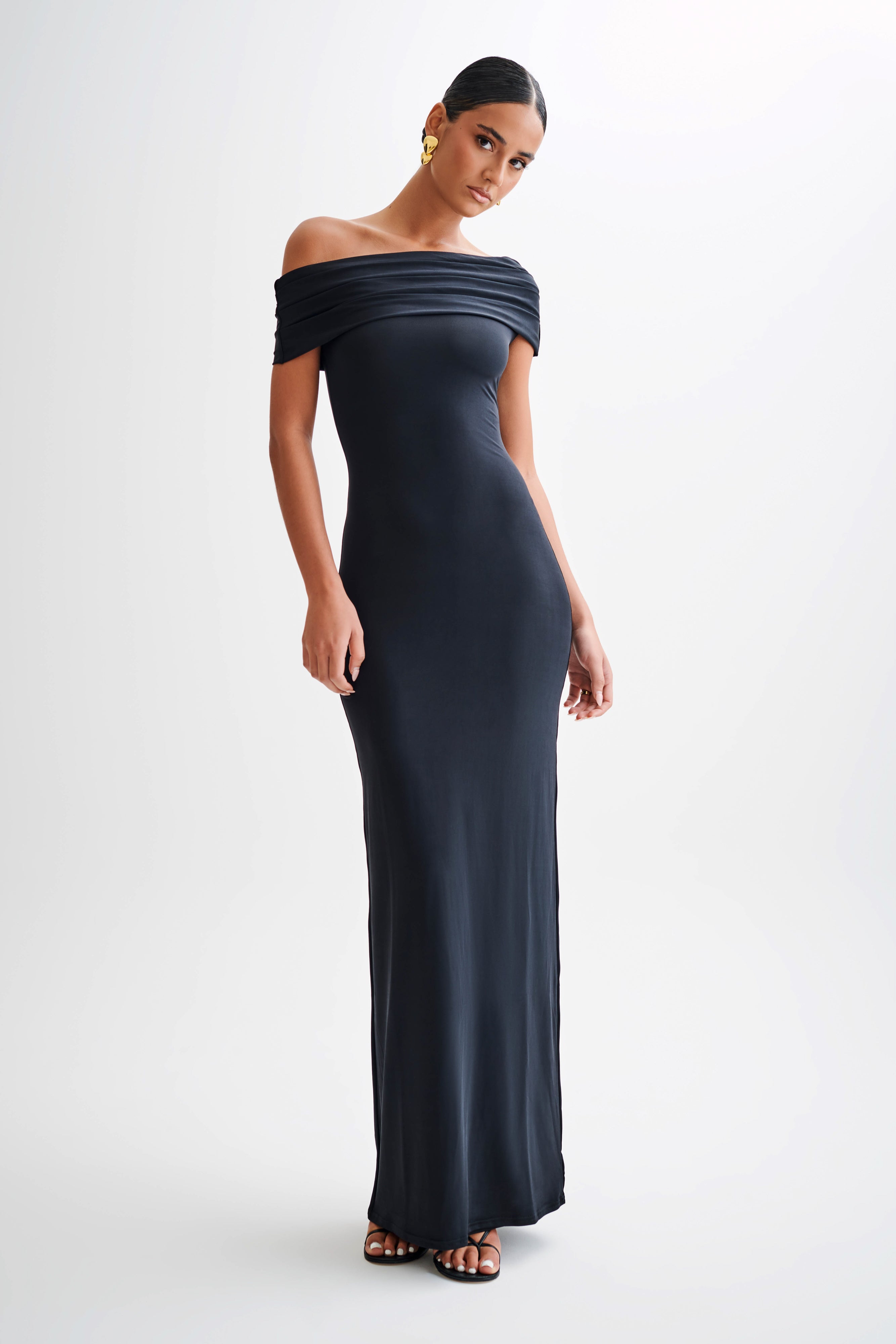 Cassandra Off Shoulder Slinky Maxi Dress - Black-My Chic Way.All Rights Reserved