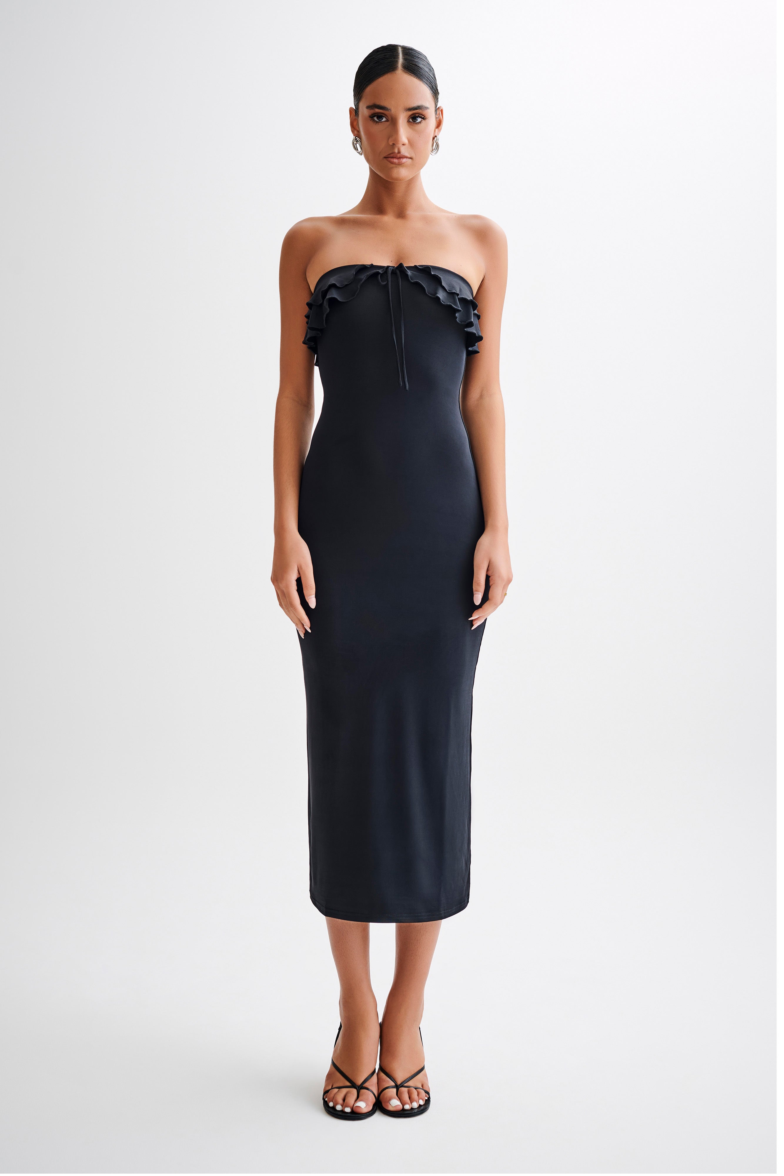 Bea Strapless Slinky Ruffle Midi Dress - Black-My Chic Way.All Rights Reserved
