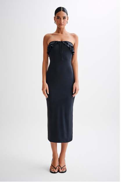 Bea Strapless Slinky Ruffle Midi Dress - Black-My Chic Way.All Rights Reserved
