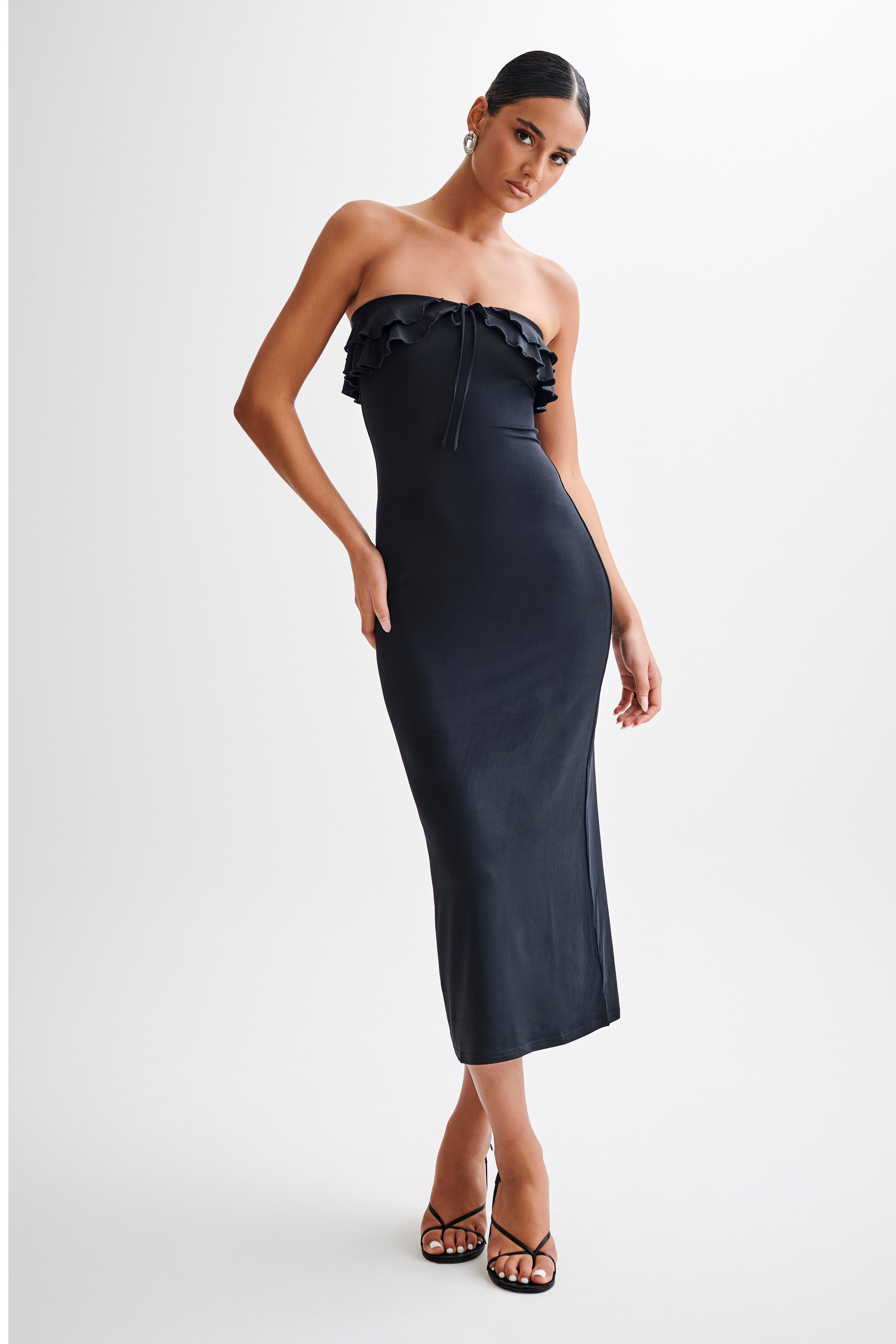 Bea Strapless Slinky Ruffle Midi Dress - Black-My Chic Way.All Rights Reserved