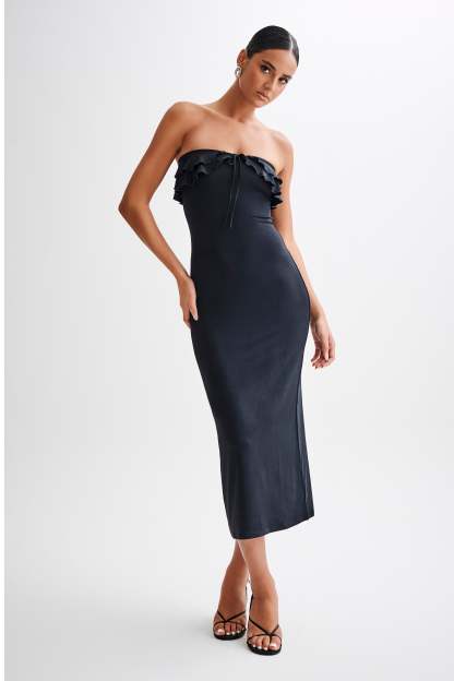 Bea Strapless Slinky Ruffle Midi Dress - Black-My Chic Way.All Rights Reserved