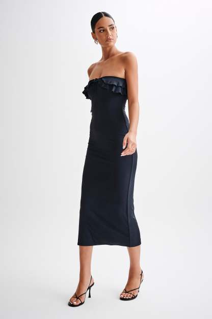 Bea Strapless Slinky Ruffle Midi Dress - Black-My Chic Way.All Rights Reserved