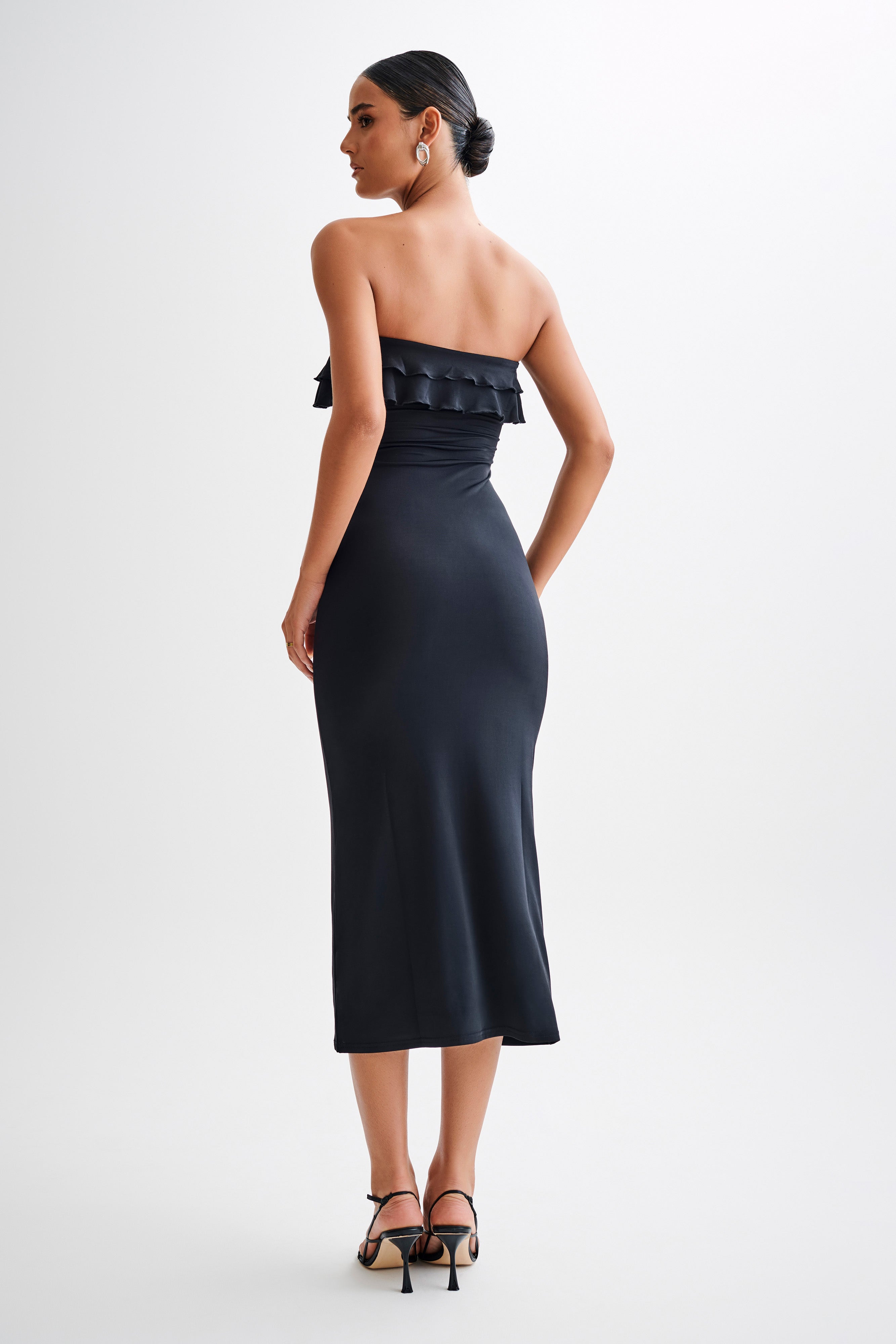 Bea Strapless Slinky Ruffle Midi Dress - Black-My Chic Way.All Rights Reserved