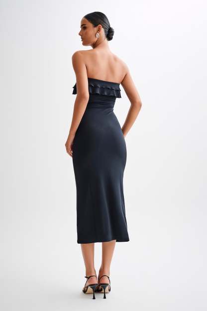 Bea Strapless Slinky Ruffle Midi Dress - Black-My Chic Way.All Rights Reserved