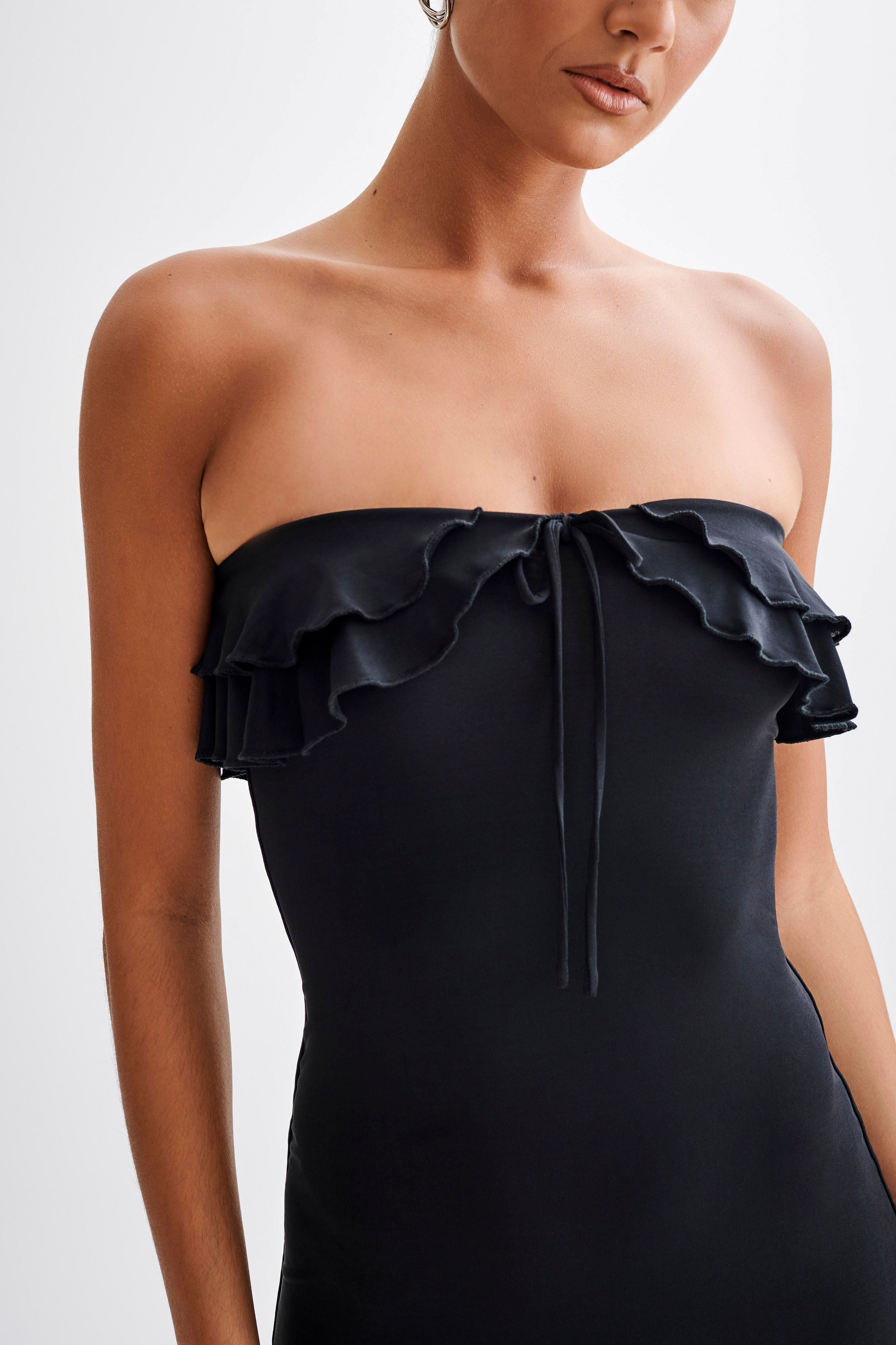Bea Strapless Slinky Ruffle Midi Dress - Black-My Chic Way.All Rights Reserved