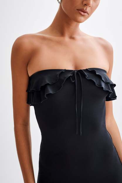 Bea Strapless Slinky Ruffle Midi Dress - Black-My Chic Way.All Rights Reserved