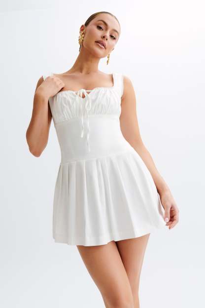 Donna Cotton Ruched Mini Dress - White-My Chic Way.All Rights Reserved