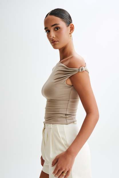 Betty Short Sleeve Modal Top With Knot Shoulder - Tawny Grey-My Chic Way.All Rights Reserved
