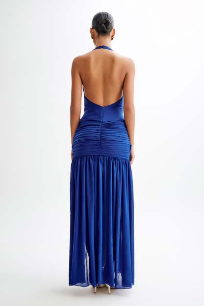 Graziana Satin Chiffon Plunge Maxi Dress - Cobalt Blue-My Chic Way.All Rights Reserved