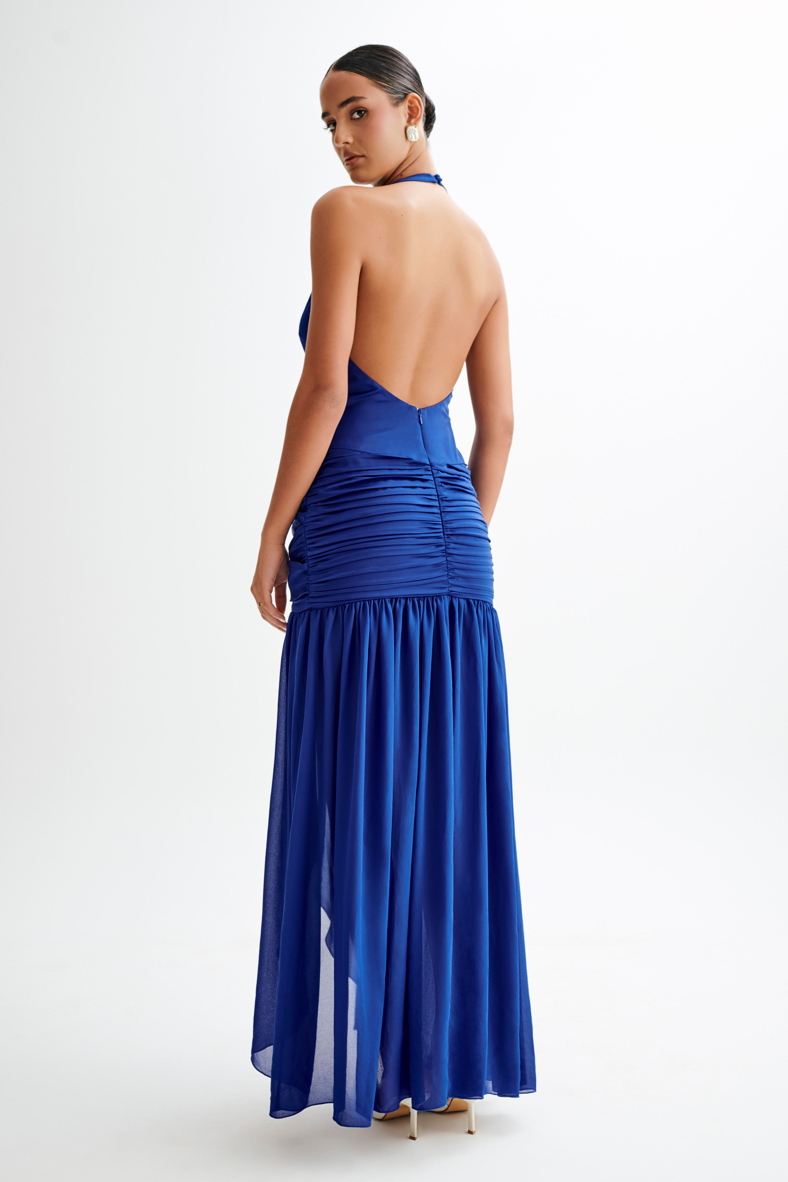 Graziana Satin Chiffon Plunge Maxi Dress - Cobalt Blue-My Chic Way.All Rights Reserved