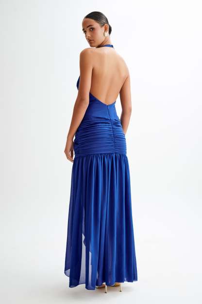 Graziana Satin Chiffon Plunge Maxi Dress - Cobalt Blue-My Chic Way.All Rights Reserved