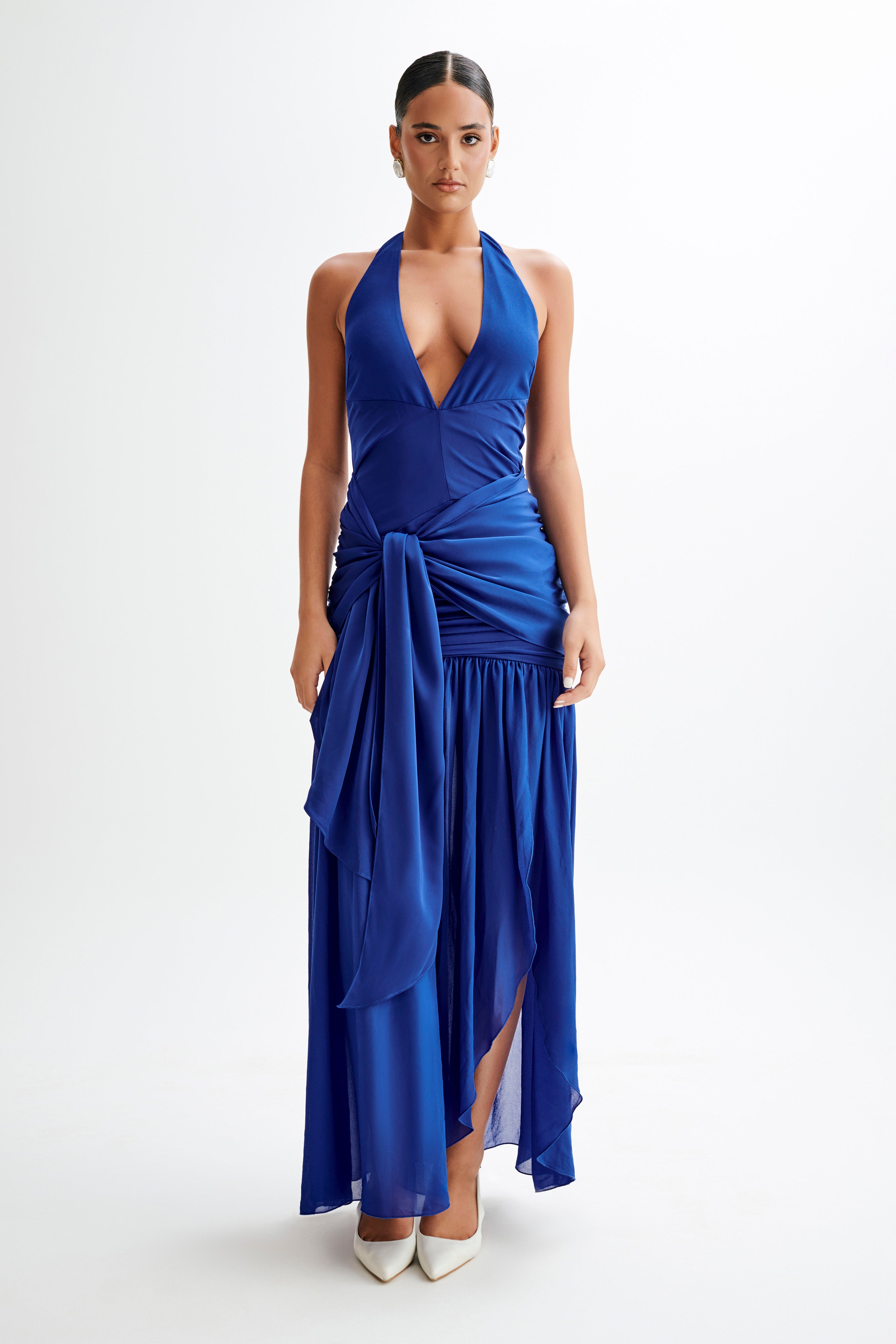 Graziana Satin Chiffon Plunge Maxi Dress - Cobalt Blue-My Chic Way.All Rights Reserved
