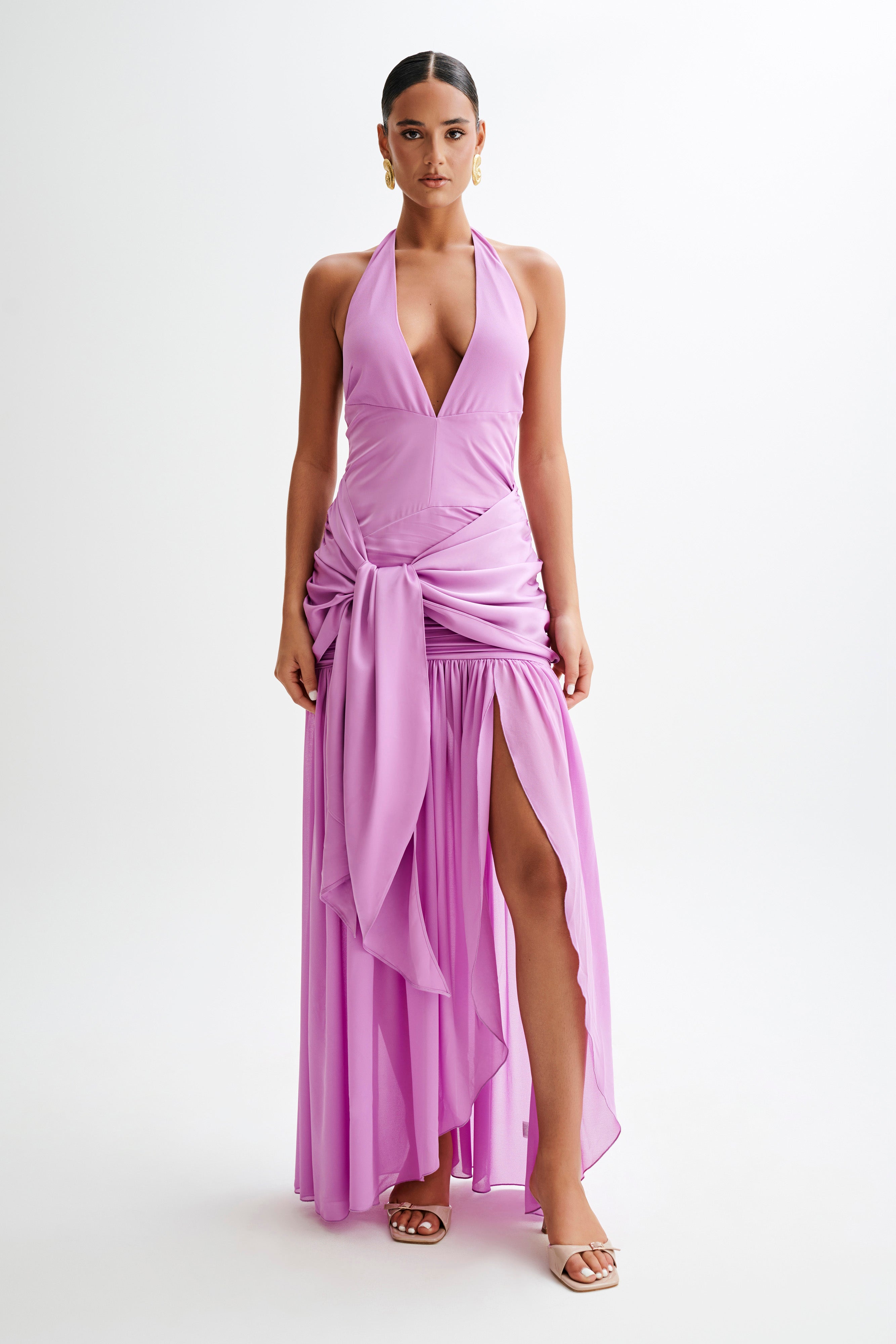Graziana Satin Chiffon Plunge Maxi Dress - Violet-My Chic Way.All Rights Reserved