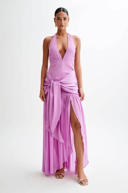 Graziana Satin Chiffon Plunge Maxi Dress - Violet-My Chic Way.All Rights Reserved