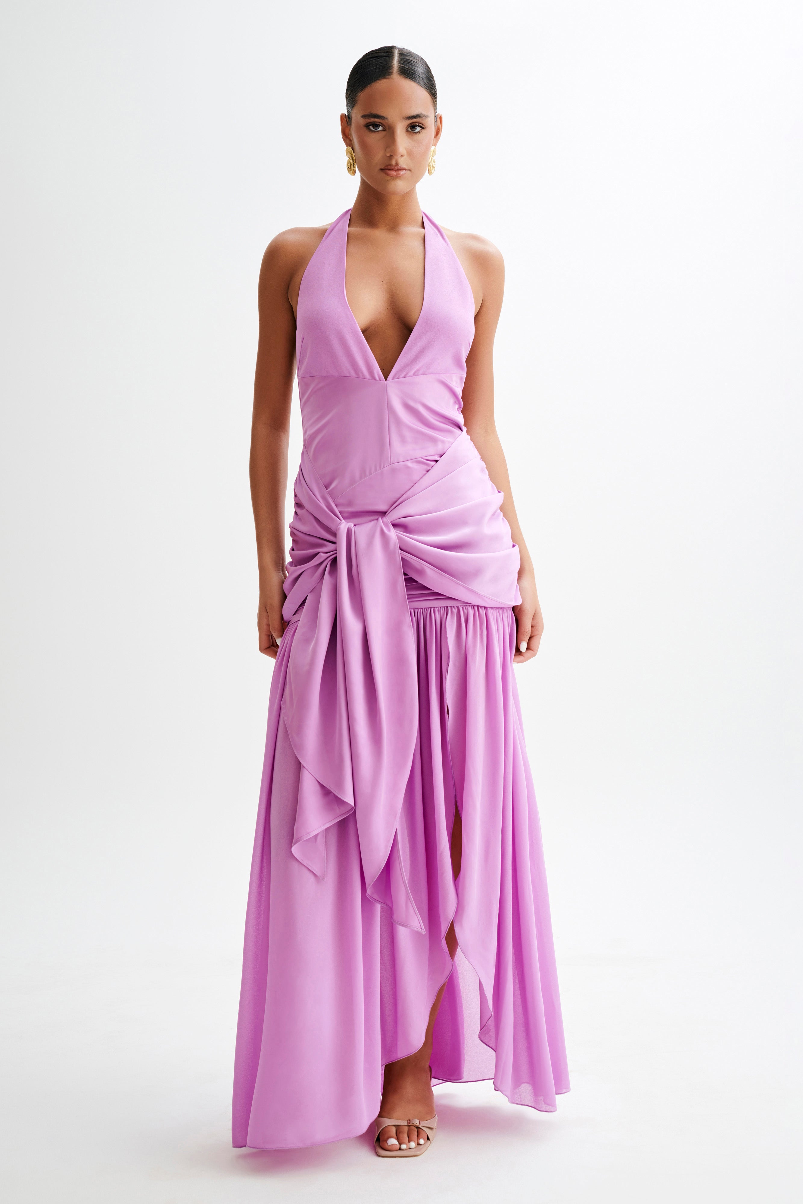 Graziana Satin Chiffon Plunge Maxi Dress - Violet-My Chic Way.All Rights Reserved