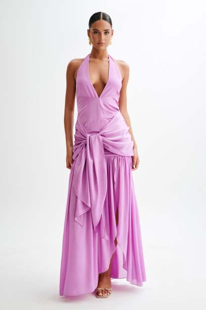 Graziana Satin Chiffon Plunge Maxi Dress - Violet-My Chic Way.All Rights Reserved