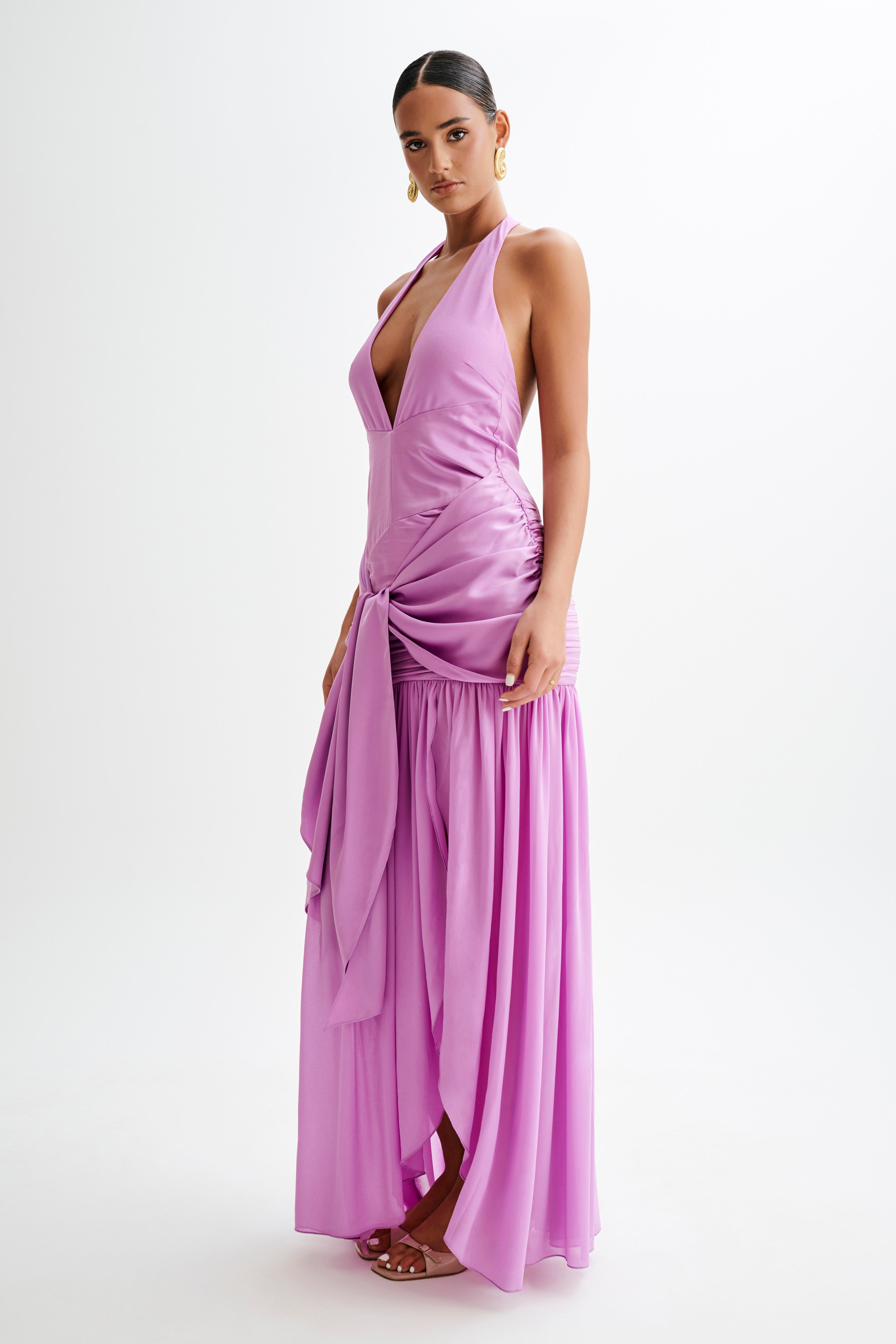 Graziana Satin Chiffon Plunge Maxi Dress - Violet-My Chic Way.All Rights Reserved