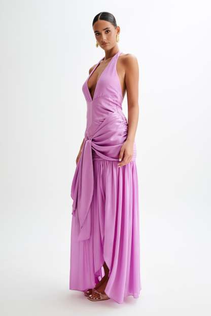 Graziana Satin Chiffon Plunge Maxi Dress - Violet-My Chic Way.All Rights Reserved