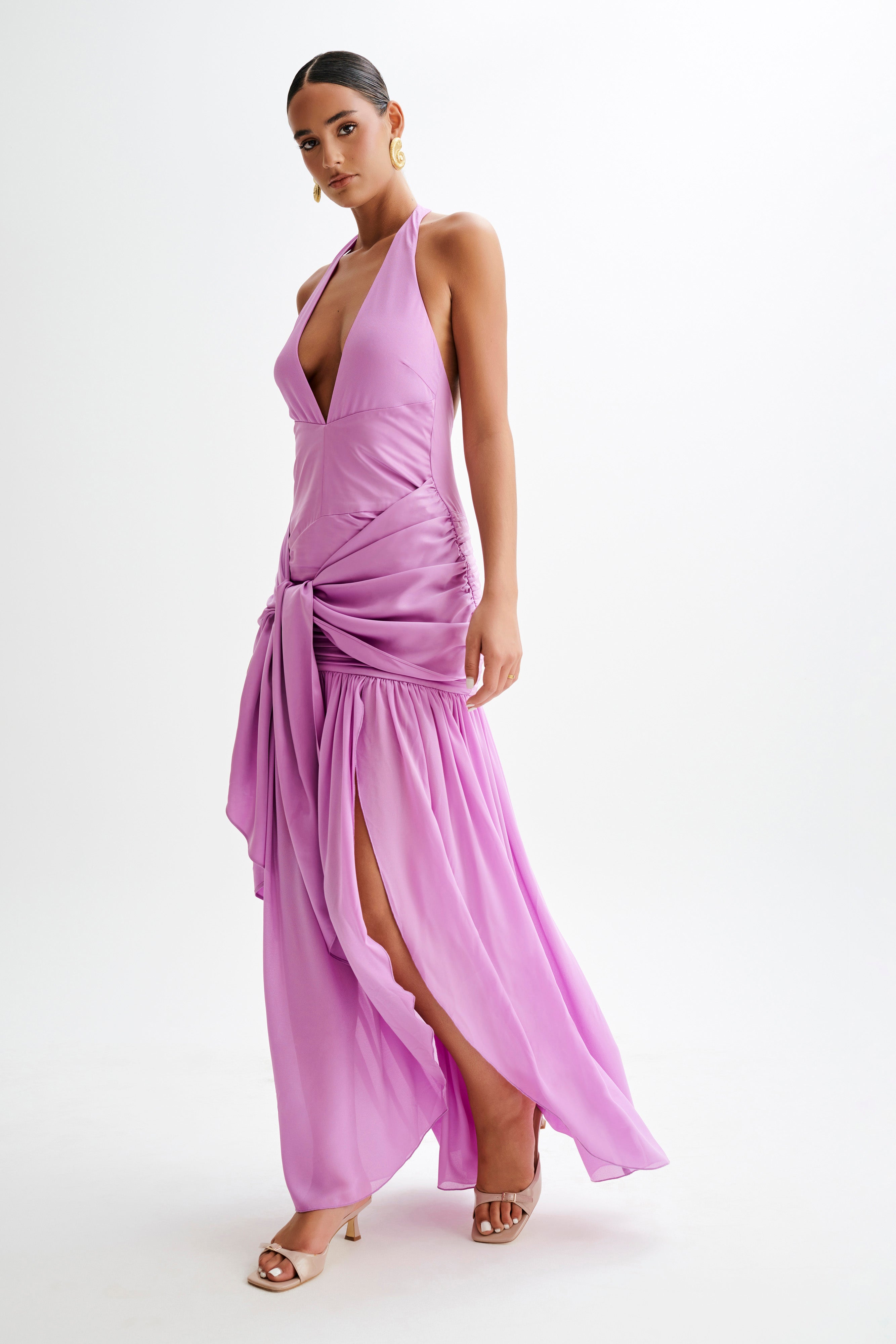 Graziana Satin Chiffon Plunge Maxi Dress - Violet-My Chic Way.All Rights Reserved