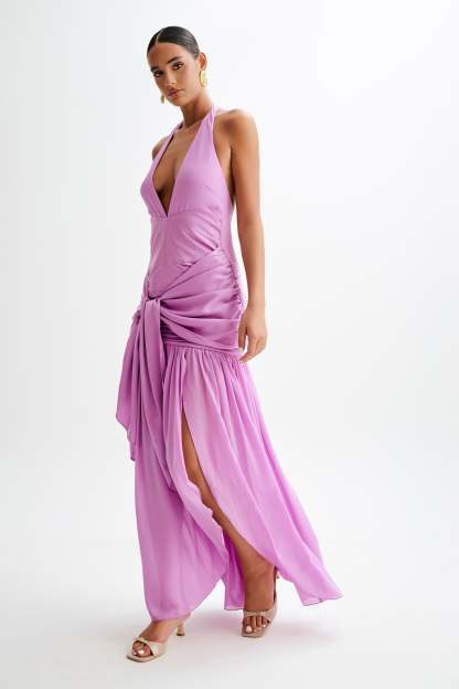Graziana Satin Chiffon Plunge Maxi Dress - Violet-My Chic Way.All Rights Reserved