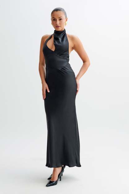 Belladonna Satin Halter Maxi Dress - Black-My Chic Way.All Rights Reserved