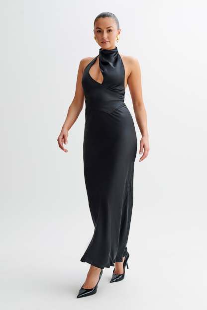 Belladonna Satin Halter Maxi Dress - Black-My Chic Way.All Rights Reserved