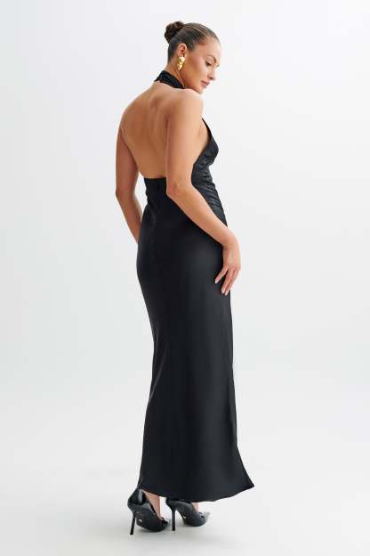 Belladonna Satin Halter Maxi Dress - Black-My Chic Way.All Rights Reserved
