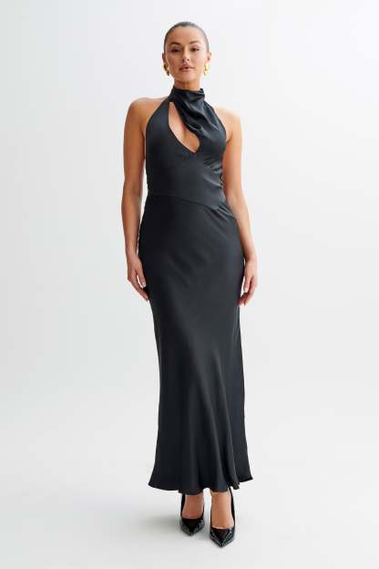 Belladonna Satin Halter Maxi Dress - Black-My Chic Way.All Rights Reserved
