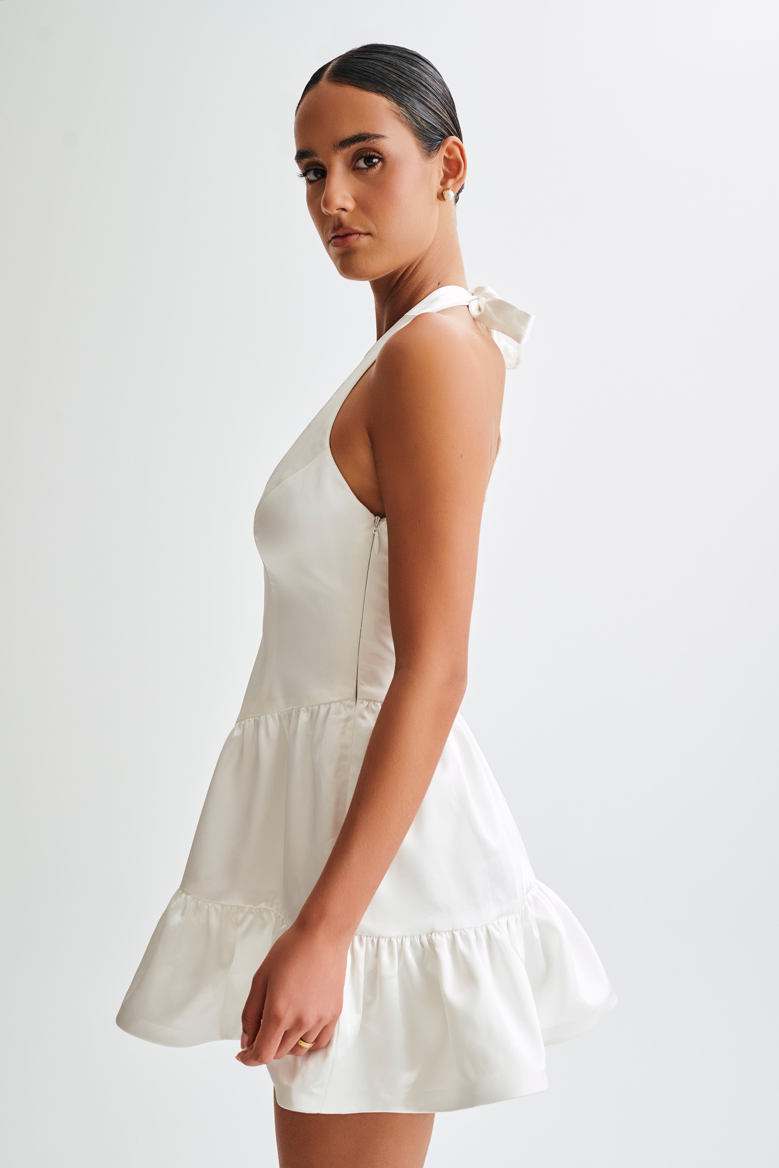 Holly Satin Structured Halter Mini Dress - White-My Chic Way.All Rights Reserved