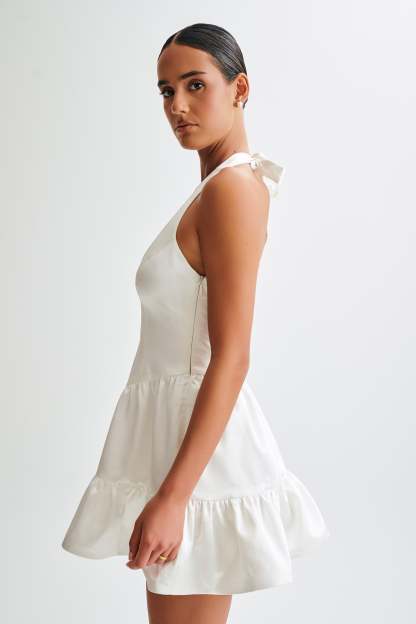 Holly Satin Structured Halter Mini Dress - White-My Chic Way.All Rights Reserved