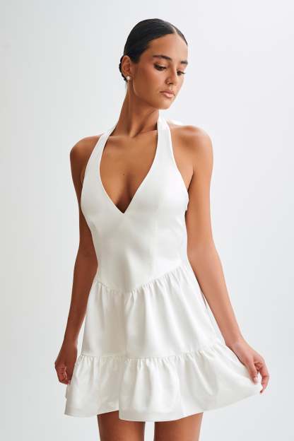 Holly Satin Structured Halter Mini Dress - White-My Chic Way.All Rights Reserved
