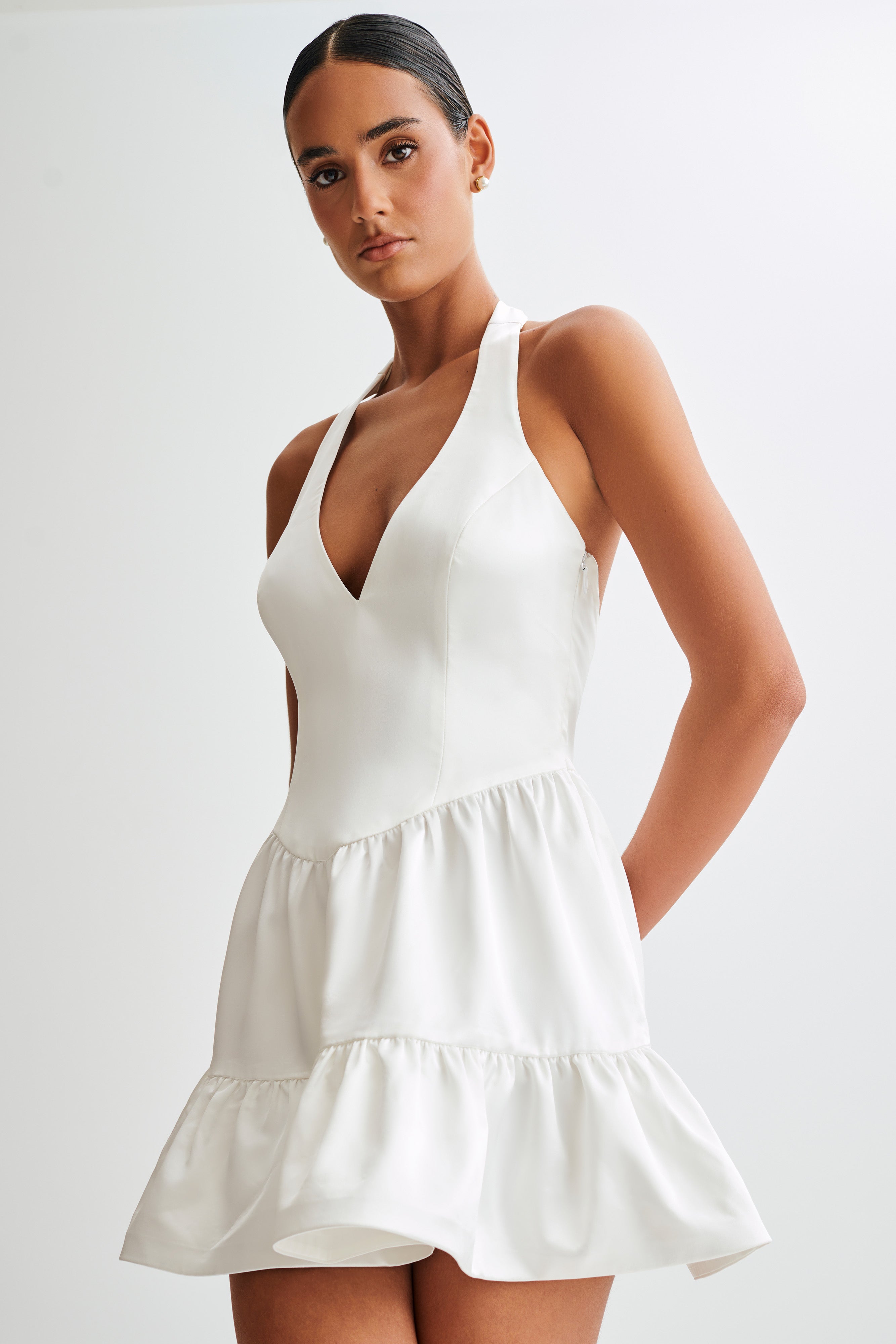 Holly Satin Structured Halter Mini Dress - White-My Chic Way.All Rights Reserved