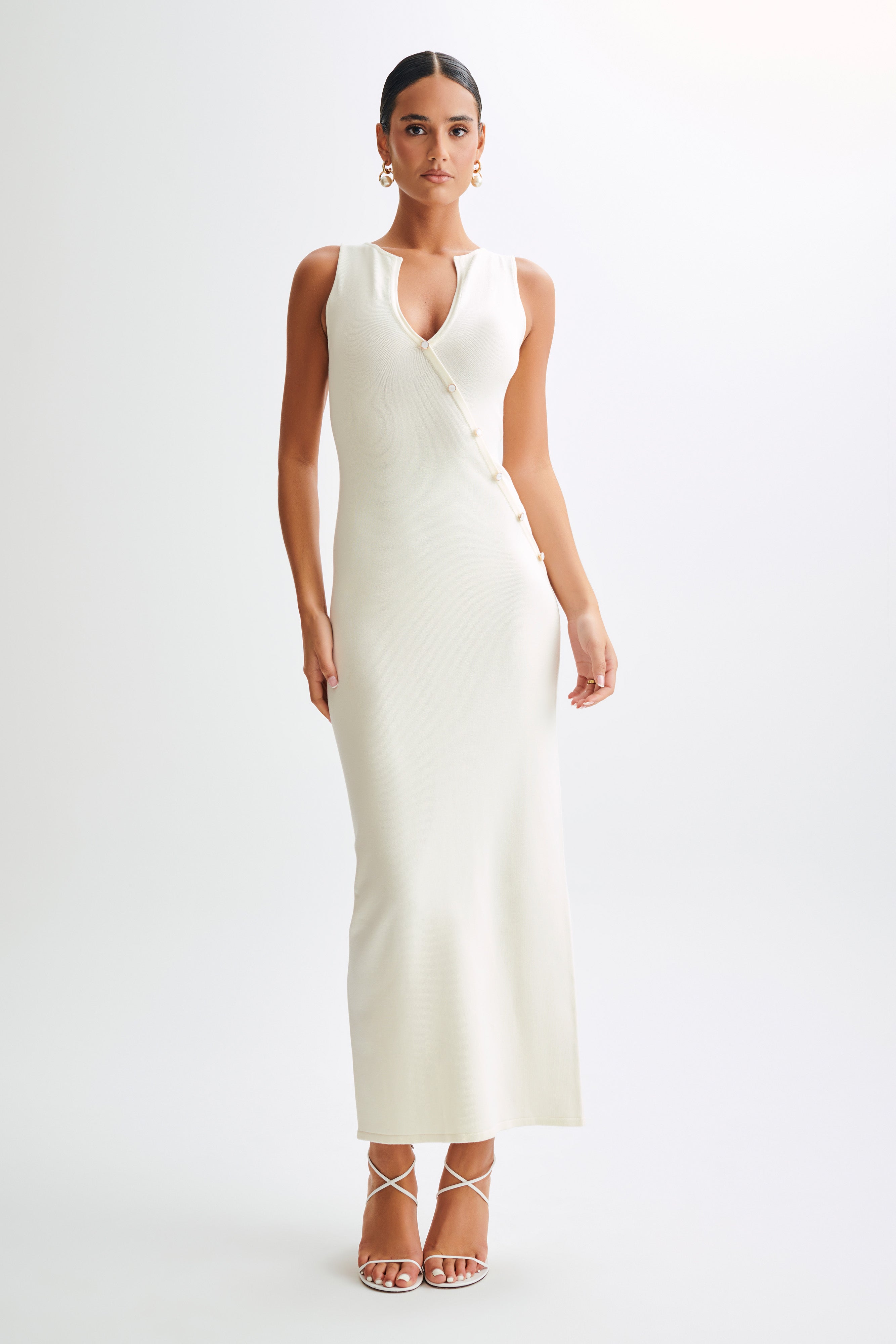 Marina Sleeveless Buttoned Knit Midi Dress - Ivory-My Chic Way.All Rights Reserved