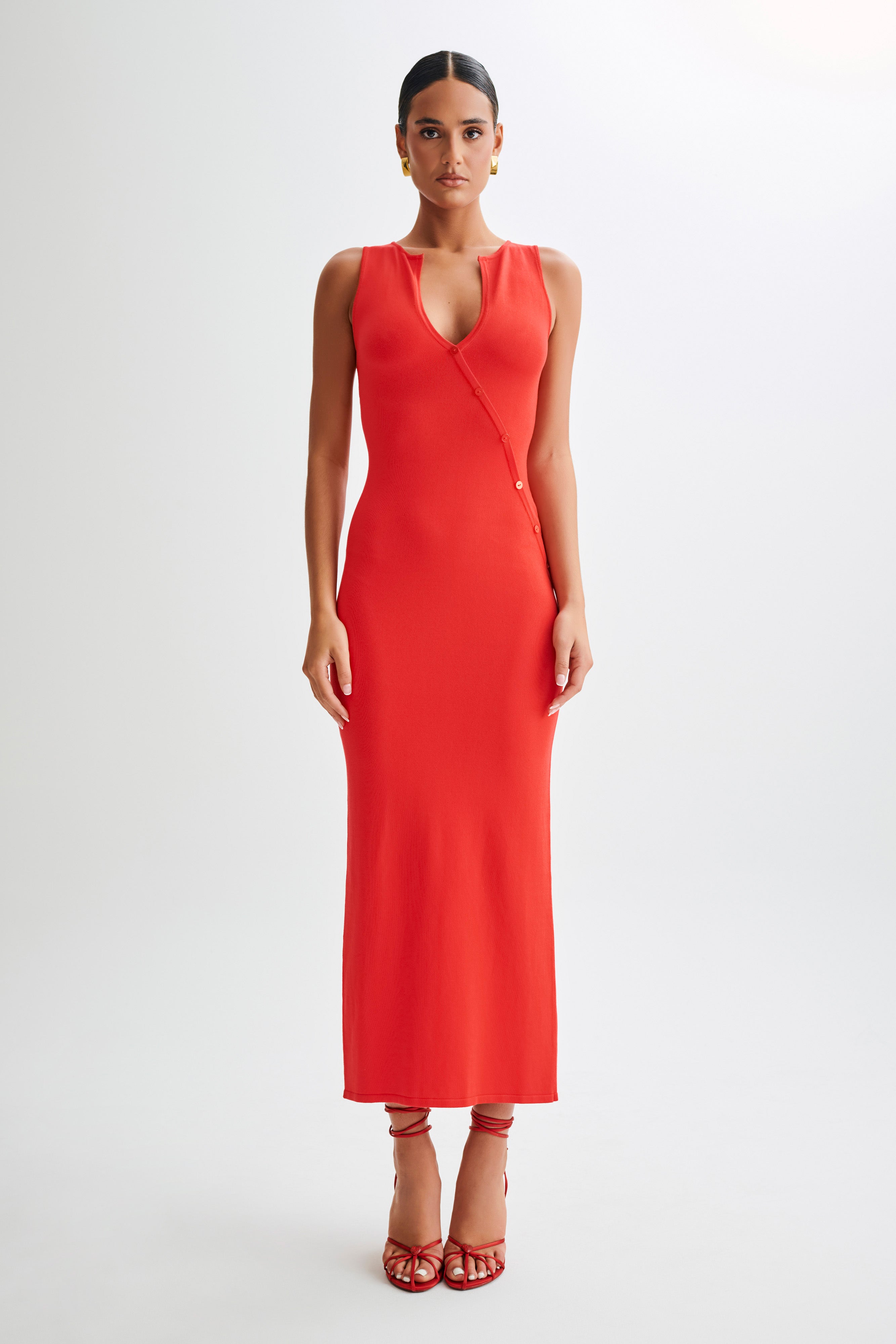 Marina Sleeveless Buttoned Knit Midi Dress - Pomegranate-My Chic Way.All Rights Reserved