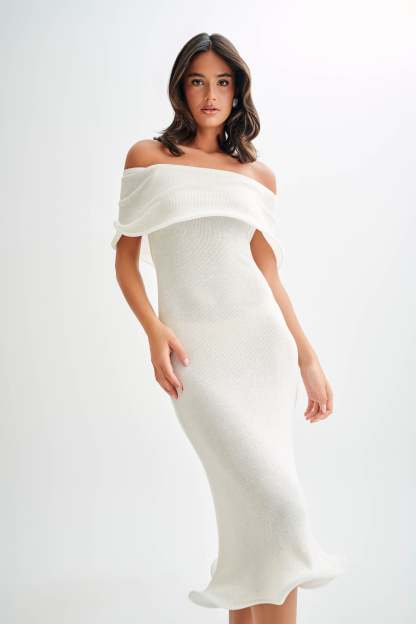 Molly Off Shoulder Knit Midi Dress - Ivory-My Chic Way.All Rights Reserved