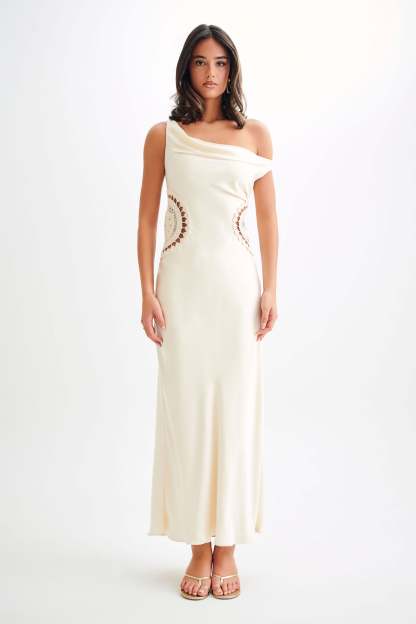 Kristina Satin Maxi Dress With Crochet - Ivory-My Chic Way.All Rights Reserved