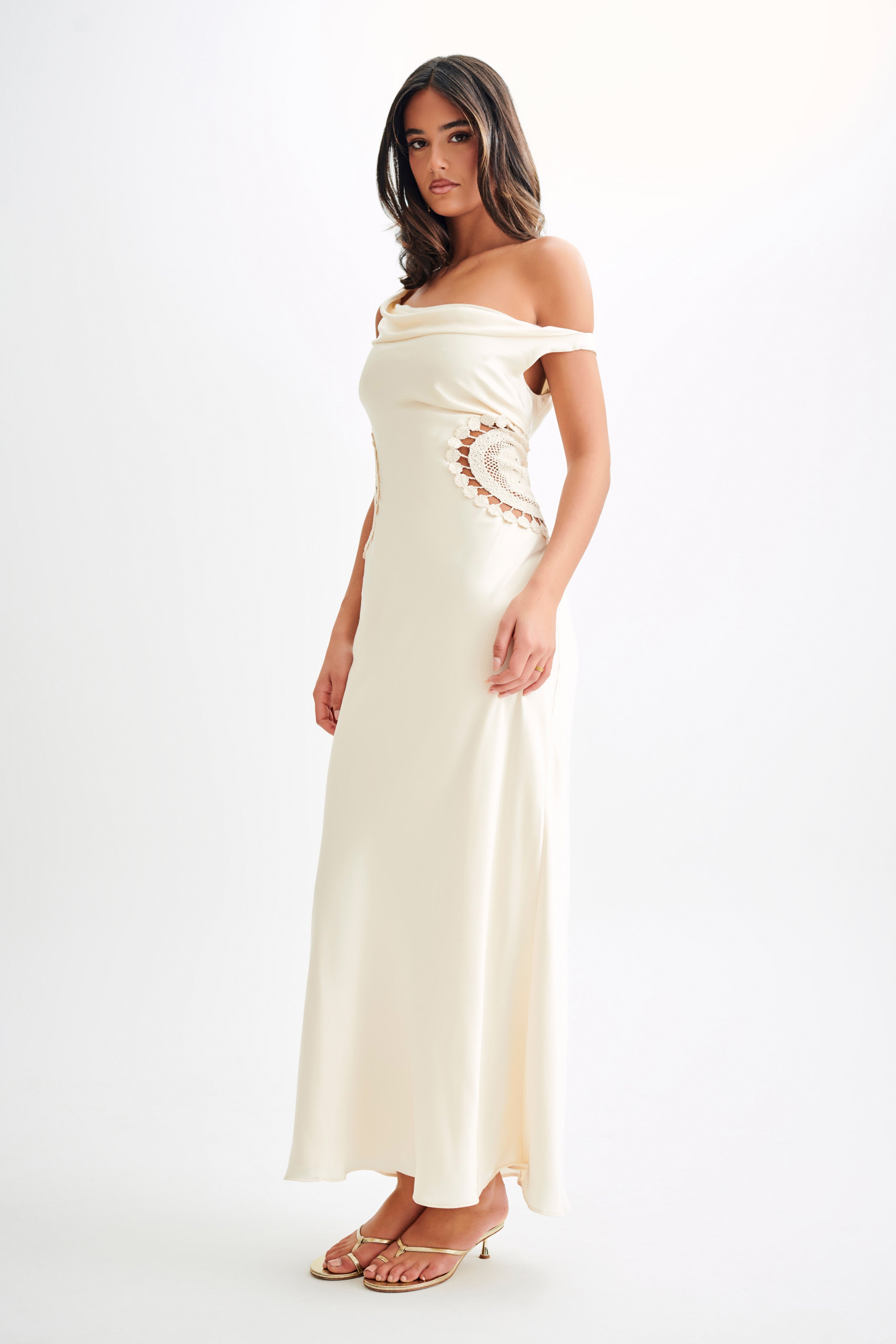 Kristina Satin Maxi Dress With Crochet - Ivory-My Chic Way.All Rights Reserved