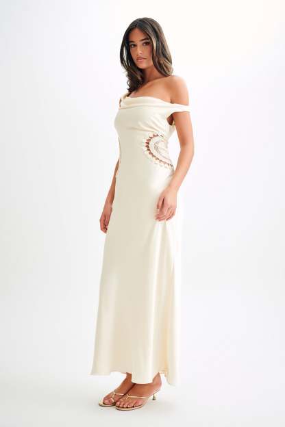 Kristina Satin Maxi Dress With Crochet - Ivory-My Chic Way.All Rights Reserved